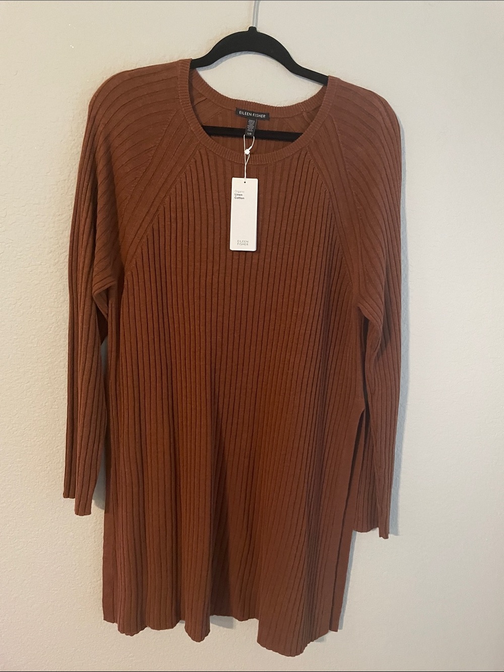 Eileen Fisher Ribbed Crewneck Long-Sleeve Dress in Rust Brown
